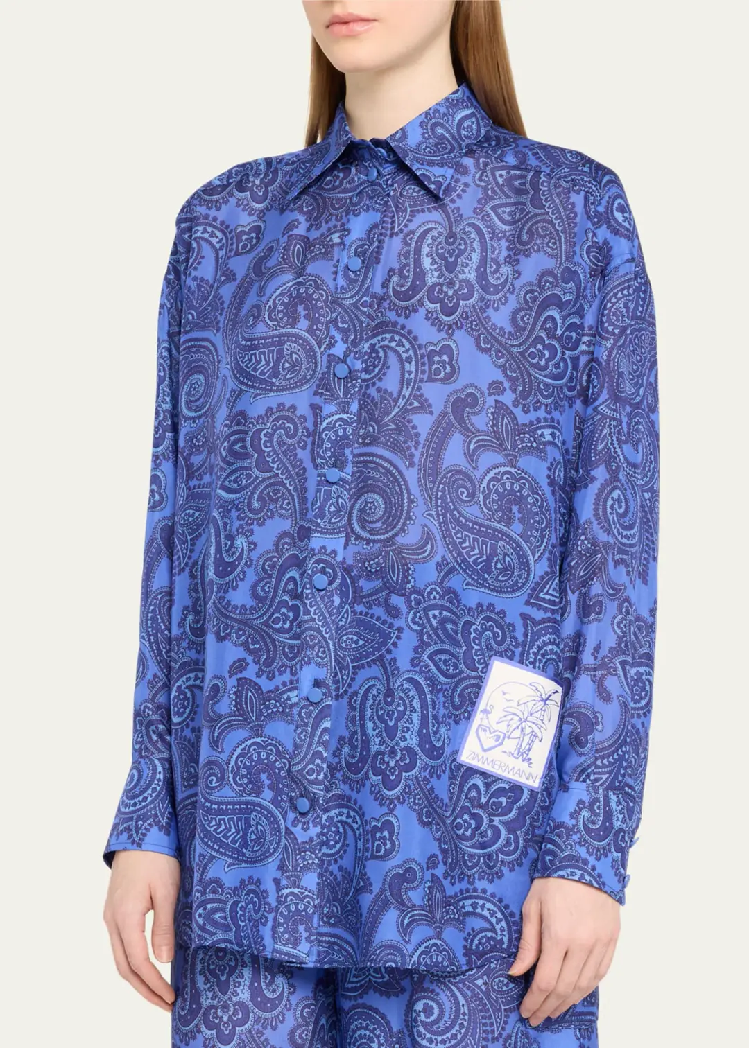Zimmermann Ottie Relaxed Shirt Size 0P/ AU 6 and Pant Size 1/ AU 10 Set Blue Paisley for rent on The Volte - main image