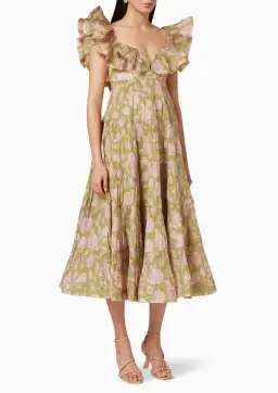 Zimmermann The Lovestruck Pleated Gown Olive/Pink Rose Size 0/ AU 8