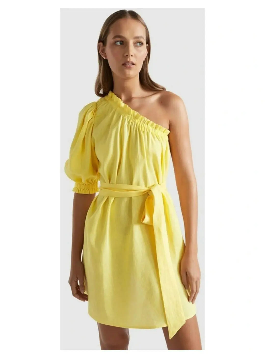 Seed Heritage Linen One Shoulder Mini Dress Yellow Drop Size AU 12 for rent on The Volte - main image