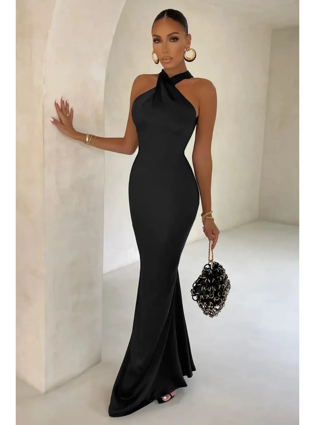 Club L London Satin Cross Over Halterneck Maxi Dress Black Size AU 10 for rent on The Volte - main image