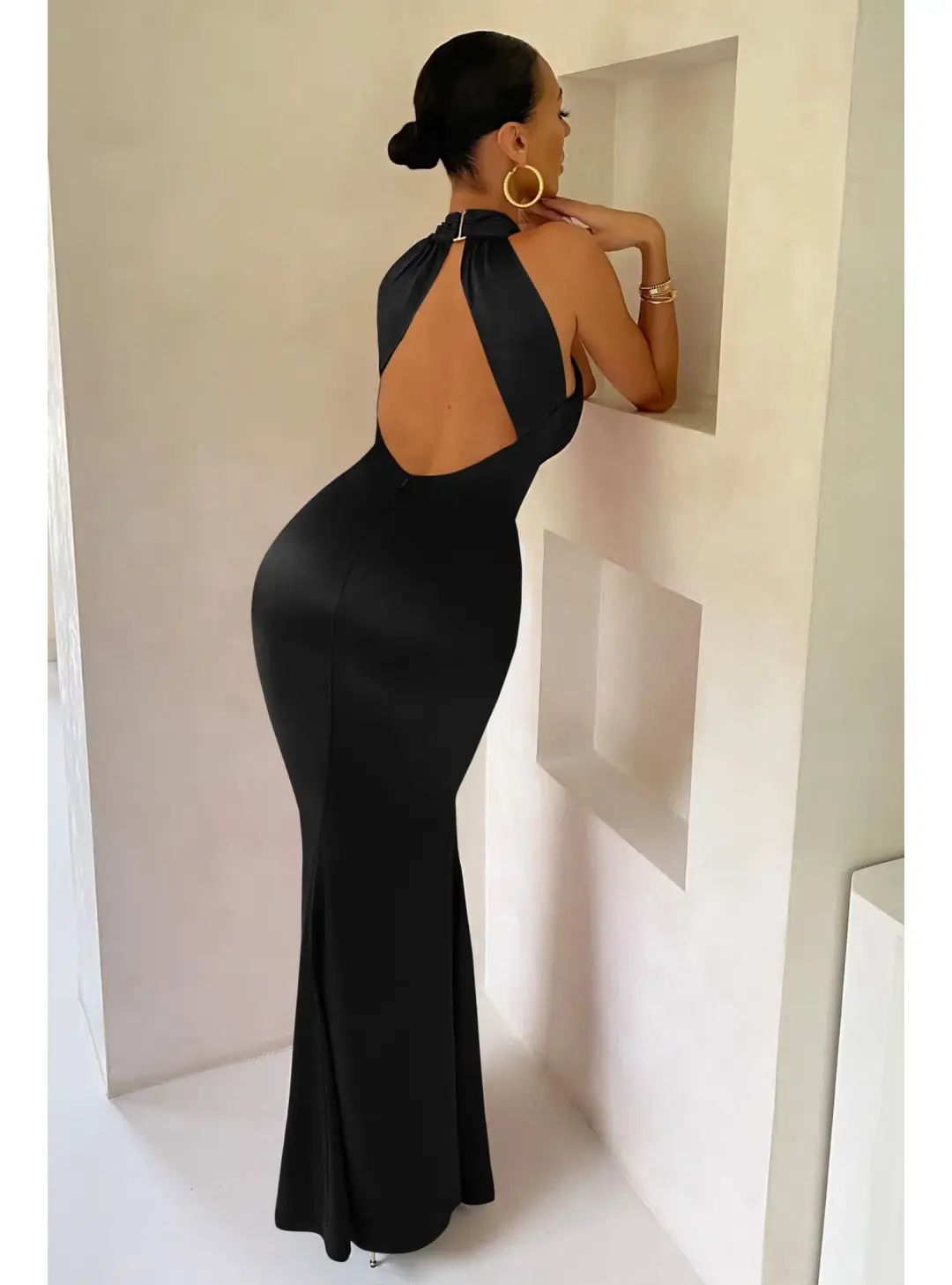 Club L London Satin Cross Over Halterneck Maxi Dress Black Size AU 10 for rent on The Volte - main image