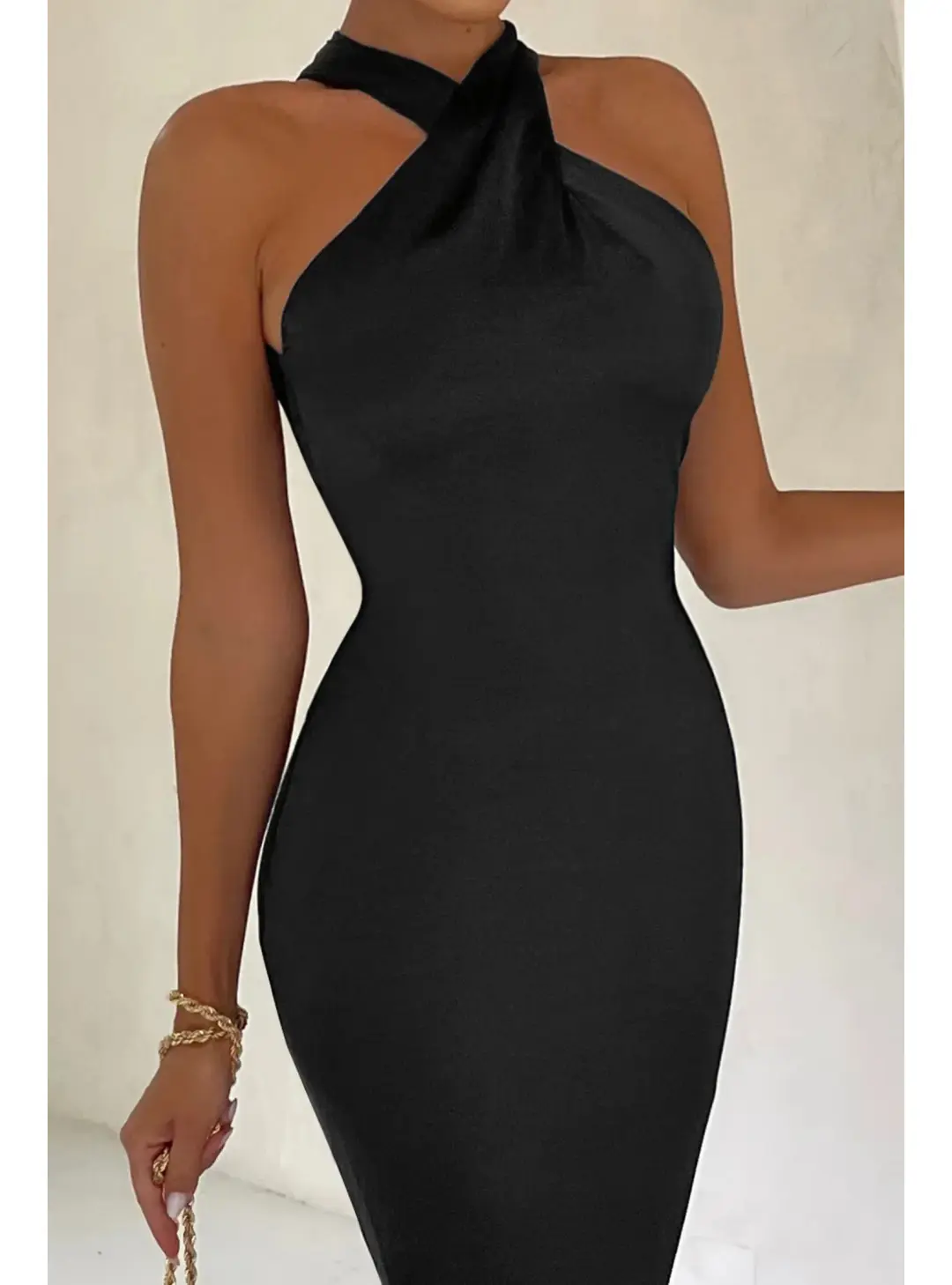 Club L London Satin Cross Over Halterneck Maxi Dress Black Size AU 10 for rent on The Volte - main image