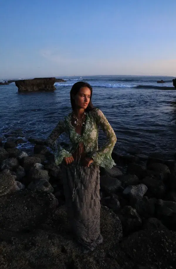 Ranaco Atelier Front Tie Blouse Moss Green One Size for rent on The Volte - main image