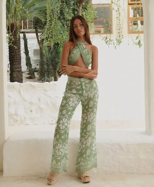 Ranaco Atelier Set: The Flared Pant Moss Green Size S/ AU 8 AND Ranaco Atelier Front Tie Blouse for rent on The Volte - main image