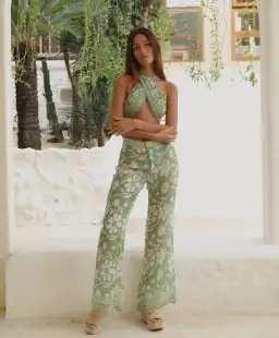 Ranaco Atelier Set: The Flared Pant Moss Green Size S/ AU 8 AND Ranaco Atelier Front Tie Blouse for rent on The Volte - image 1