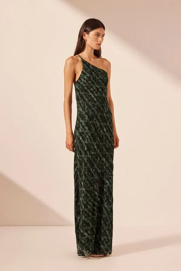 Shona Joy Remi One Shoulder Cowl Back Maxi Dress Remi Print Size 10 for rent on The Volte - main image