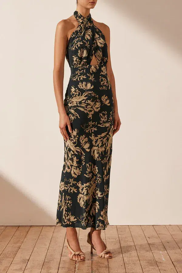 Shona Joy Dawn Silk Cross Front Halter Bias Midi Dress Floral Size 8 for rent on The Volte - main image