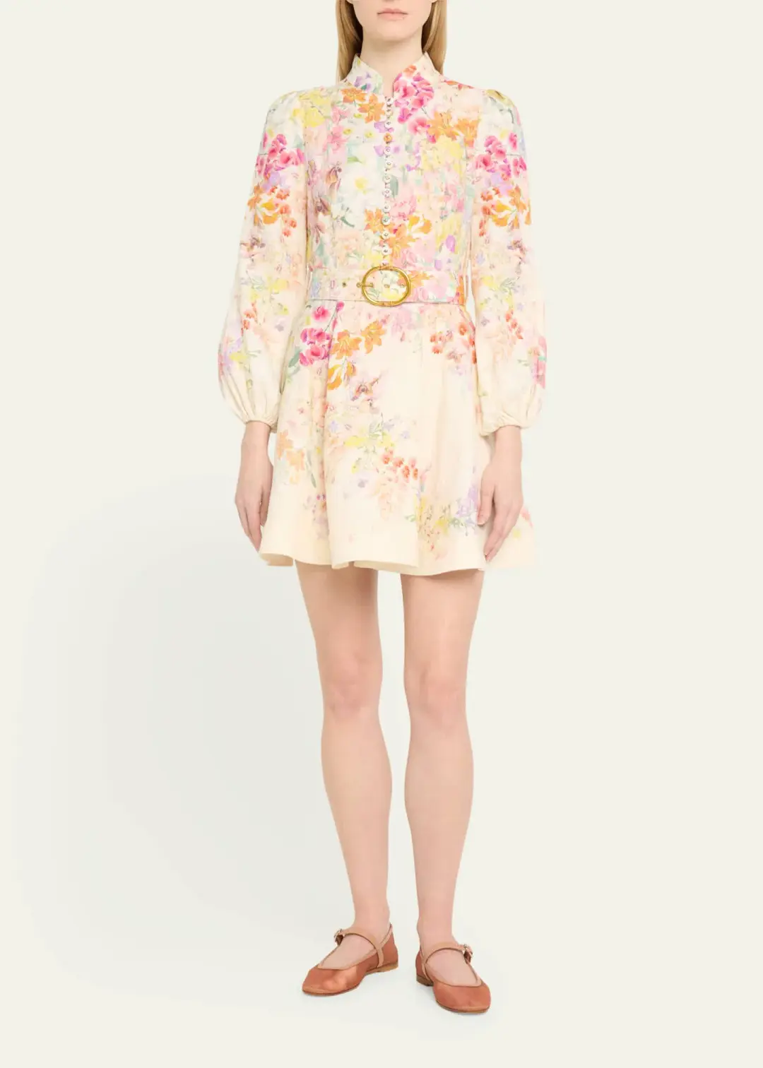 Zimmermann Natura Buttoned Mini Dress Kaleidoscope Garden Floral Size 1 / AU 10 for rent on The Volte - main image