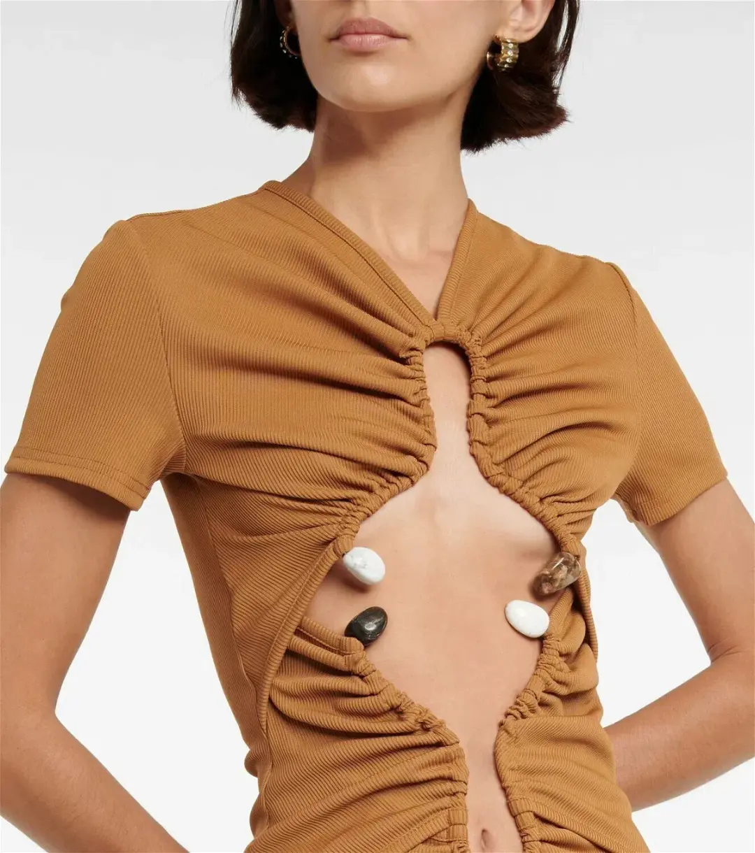 Christopher Esber Dual Quartz Multiruched Tee Dress Tan Size AU 8 for rent on The Volte - main image