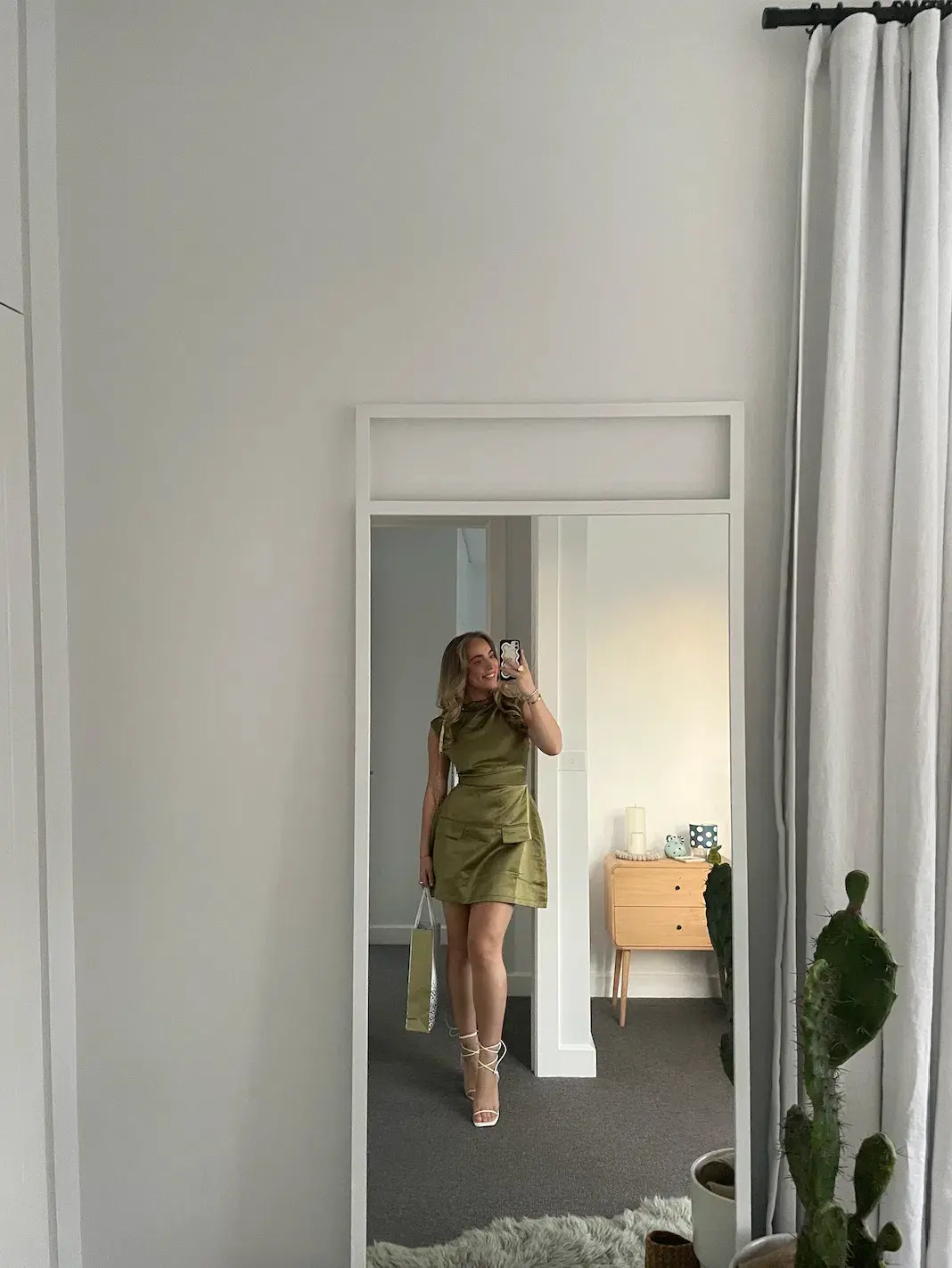 Odd Muse The Ultimate Muse Satin Straight Neck Mini Dress Olive Size 8 for rent on The Volte - main image