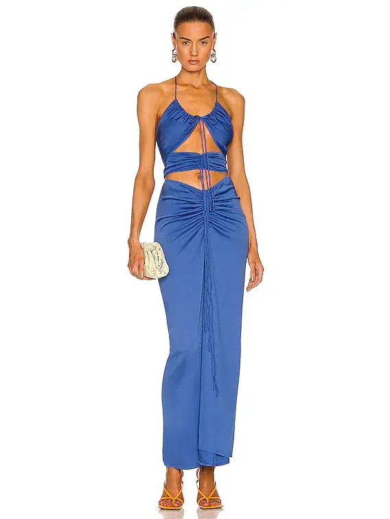 Christopher Esber Multi Panel Disconnect Ruched Halter Dress Lapis Size 12 AU for rent on The Volte - main image