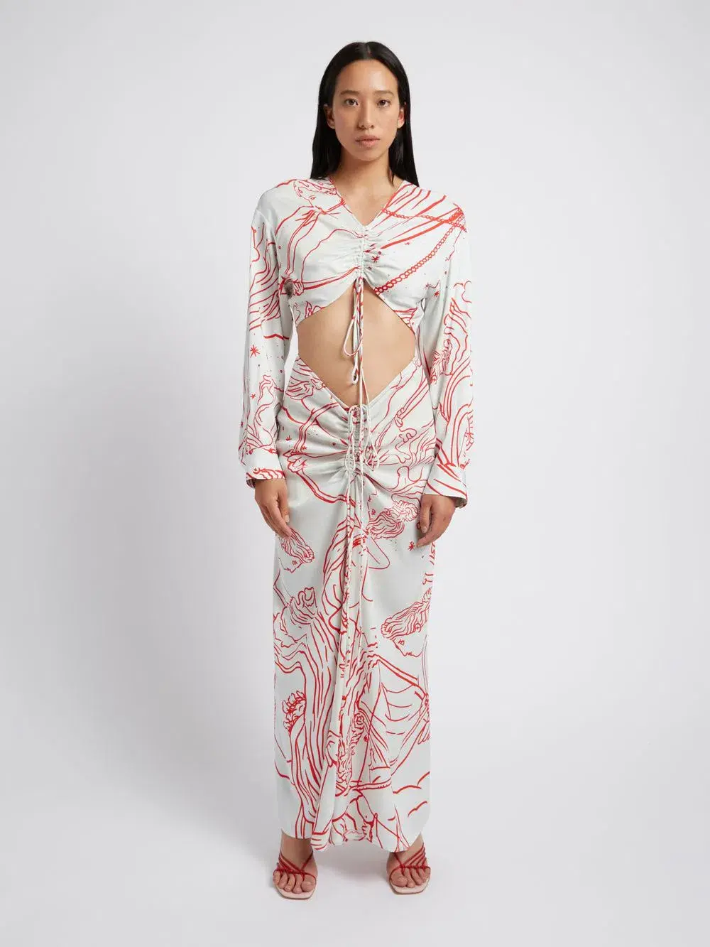 Christopher Esber Ruched Disconnect Shirt Dress Odyssey Print in Red/Ice Size 4 AU for rent on The Volte - main image