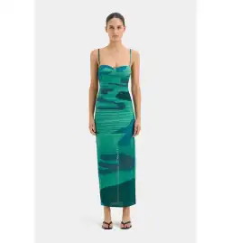 Sir the Label Frankie Gathered Midi Dress Emerald Reflection Size AU 14