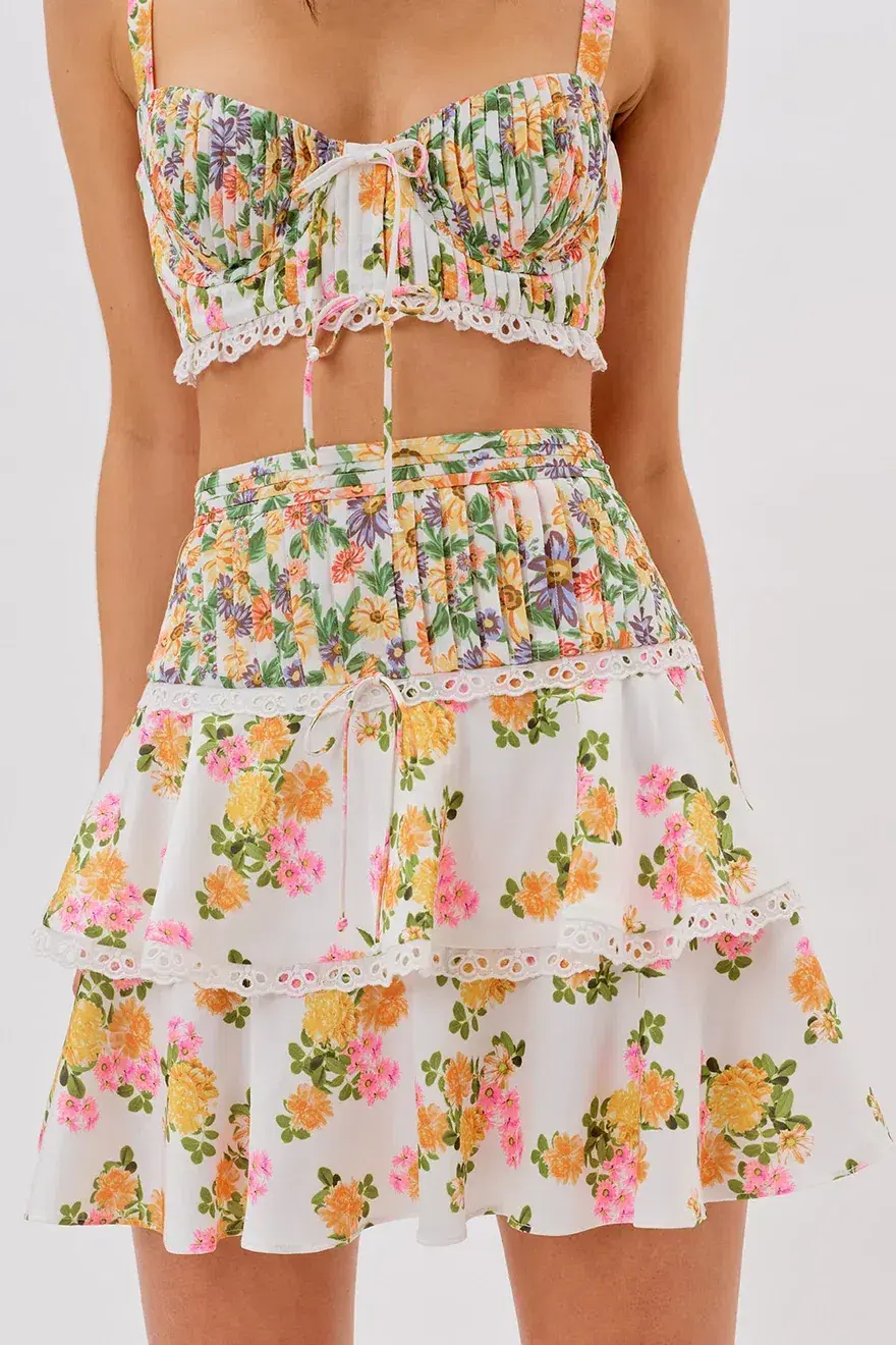 For Love and Lemons Rosalyn Crop Top Size XS and Mini Skirt Size XXS Set Floral for rent on The Volte - main image
