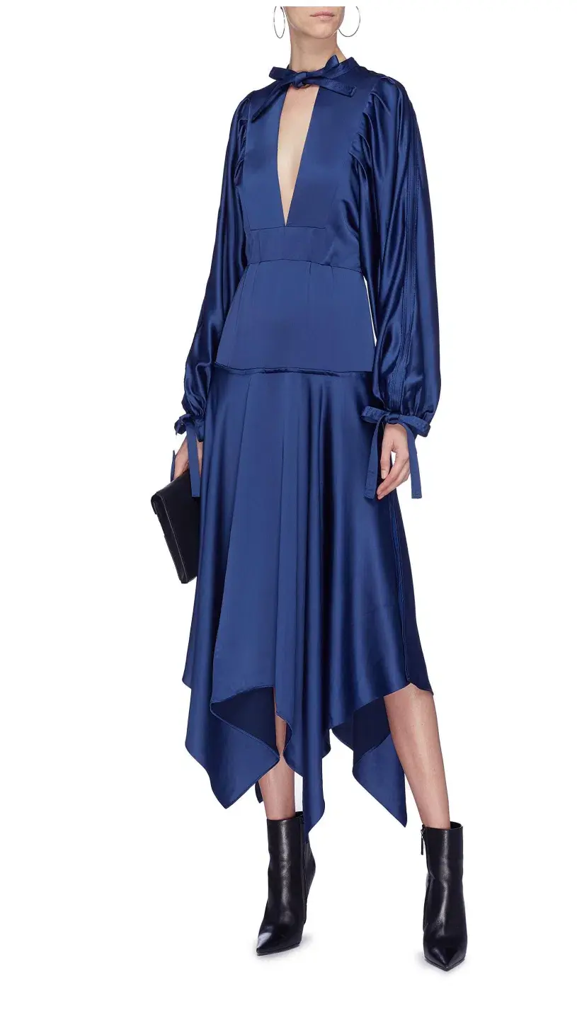 Self Portrait Handkerchief Hem Satin Midi Dress Blue Size 14 for rent on The Volte - main image