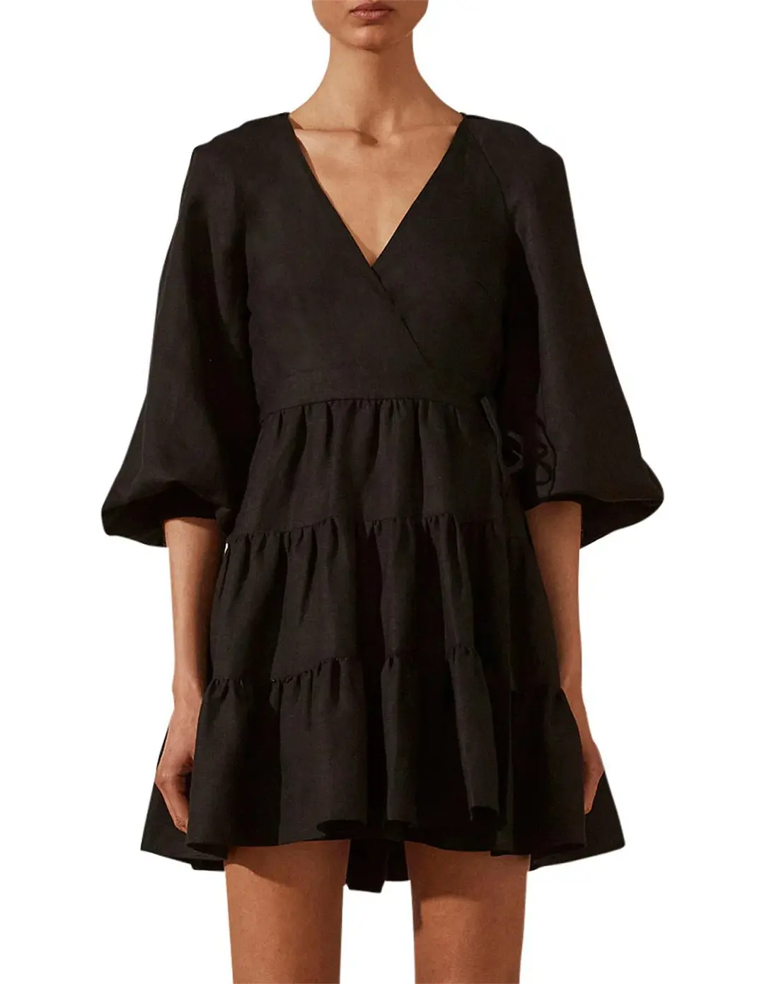 Shona Joy Nicolette Wrap Mini Dress Black Size 6 for rent on The Volte - main image