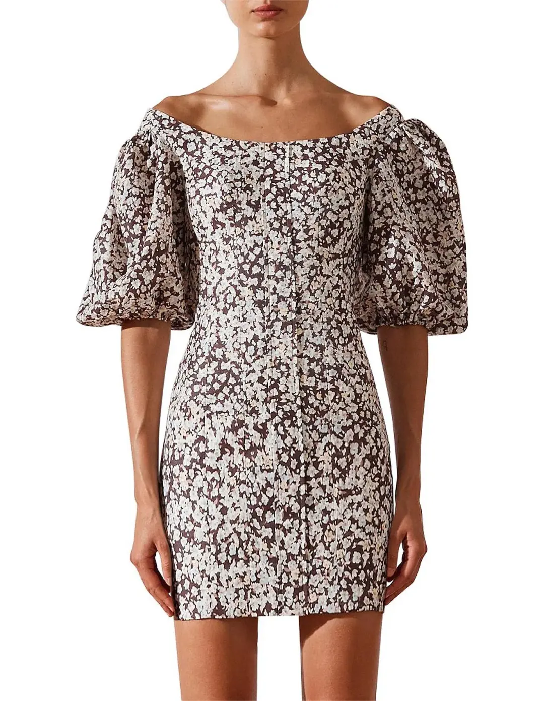 Shona Joy Dahlia OTS Fitted Mini Dress Floral Size 8 for rent on The Volte - main image