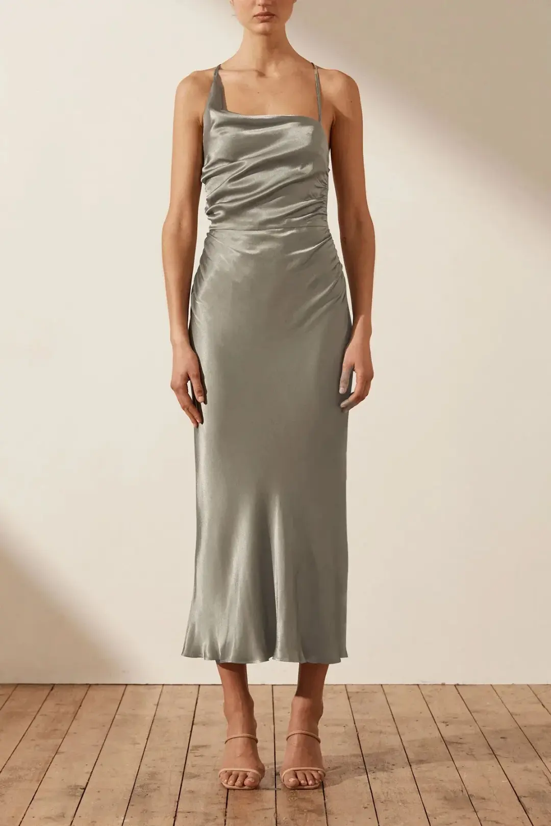 Shona Joy La Lune Asymmetrical Bias Cowl Midi Dress Sage Size 8 for rent on The Volte - main image
