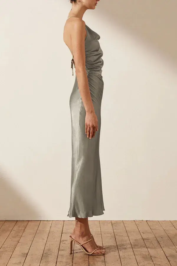 Shona Joy La Lune Asymmetrical Bias Cowl Midi Dress Sage Size 8 for rent on The Volte - main image