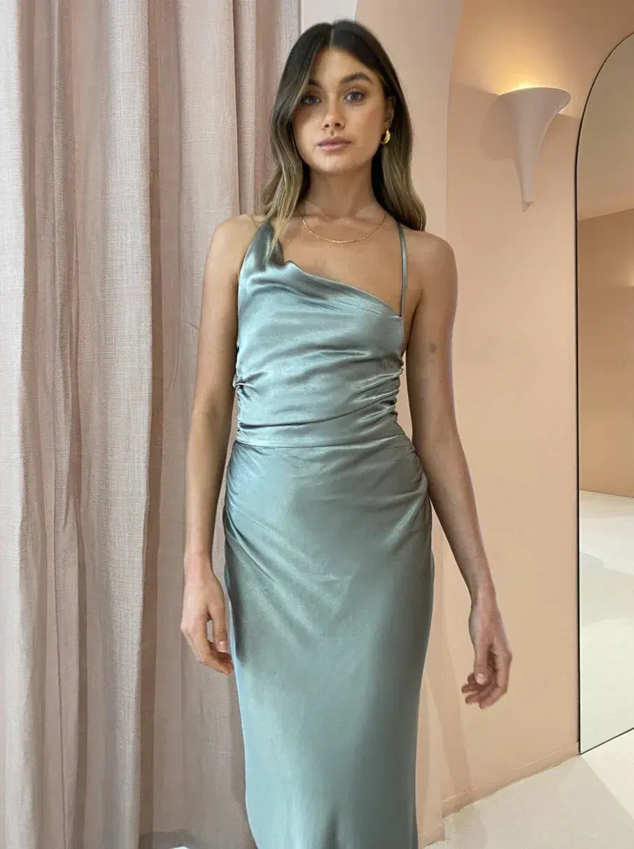 Shona Joy La Lune Asymmetrical Bias Cowl Midi Dress Sage Size 8 for rent on The Volte - main image