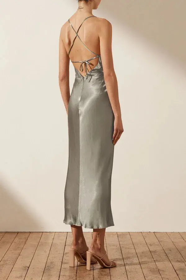 Shona Joy La Lune Asymmetrical Bias Cowl Midi Dress Sage Size 8 for rent on The Volte - main image
