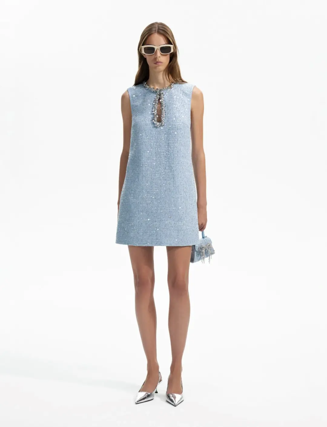 Self-Portrait Sequined Bouclé Mini Dress Blue Size 10 for rent on The Volte - main image