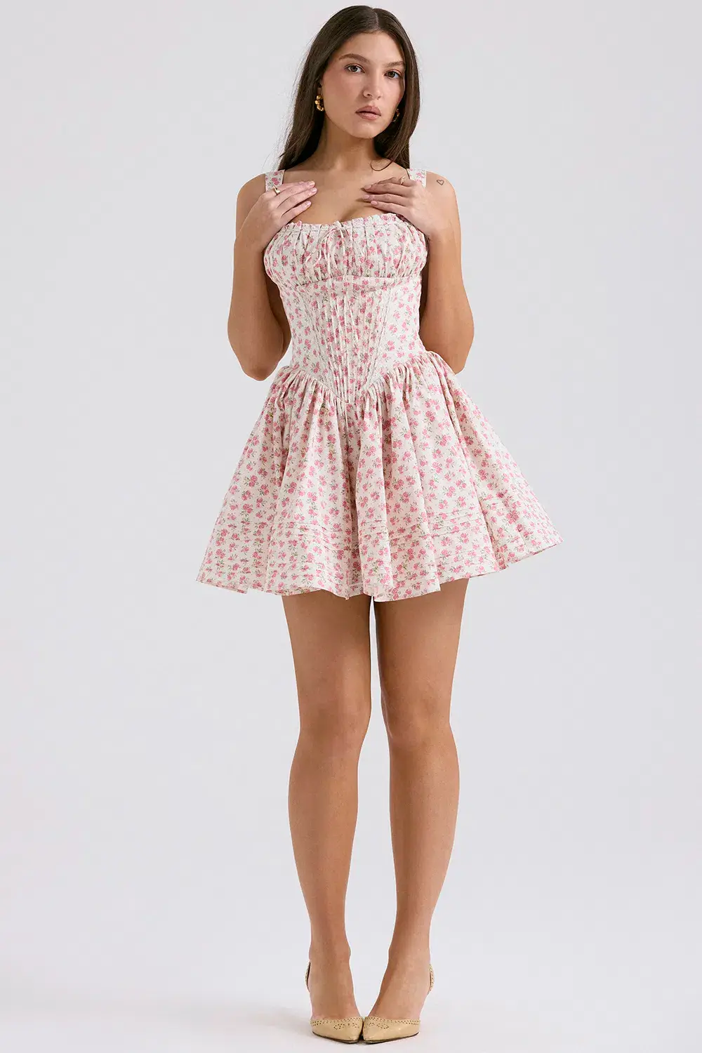 House of CB Natassia Cotton Mini Dress White Rosebud Print Size 8 for rent on The Volte - main image