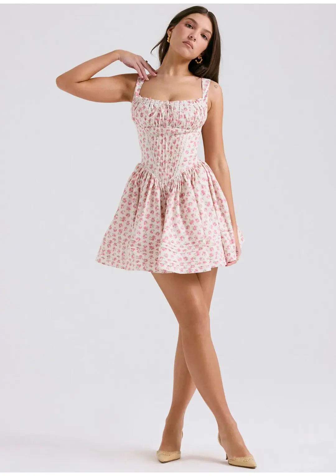 House of CB Natassia Cotton Mini Dress White Rosebud Print Size 8 for rent on The Volte - main image