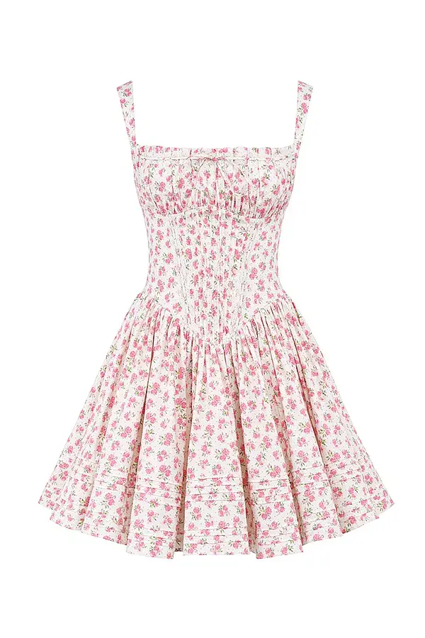House of CB Natassia Cotton Mini Dress White Rosebud Print Size 8 for rent on The Volte - main image