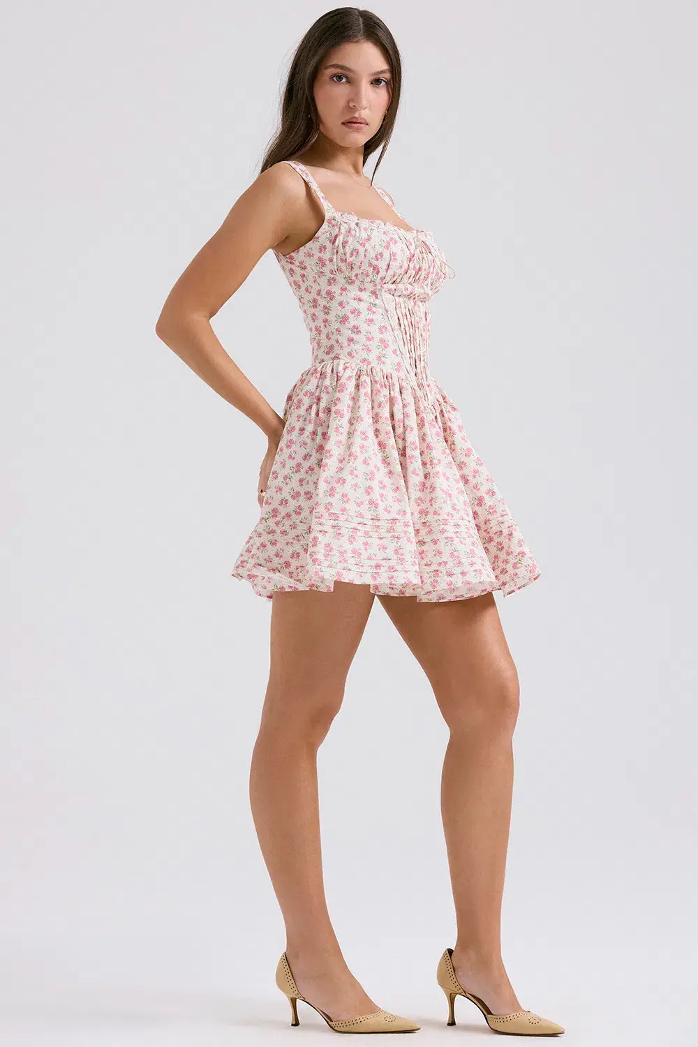 House of CB Natassia Cotton Mini Dress White Rosebud Print Size 8 for rent on The Volte - main image