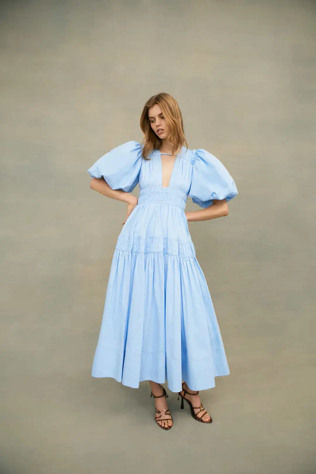 Aje Fallingwater Gathered Midi Dress Light Blue Size L / AU 12 for rent on The Volte - main image