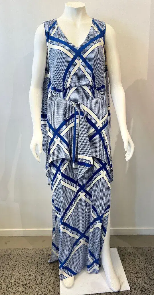 Sass & Bide The Flight Geometric Maxi Dress Blue/White Size AU 12 for rent on The Volte - main image