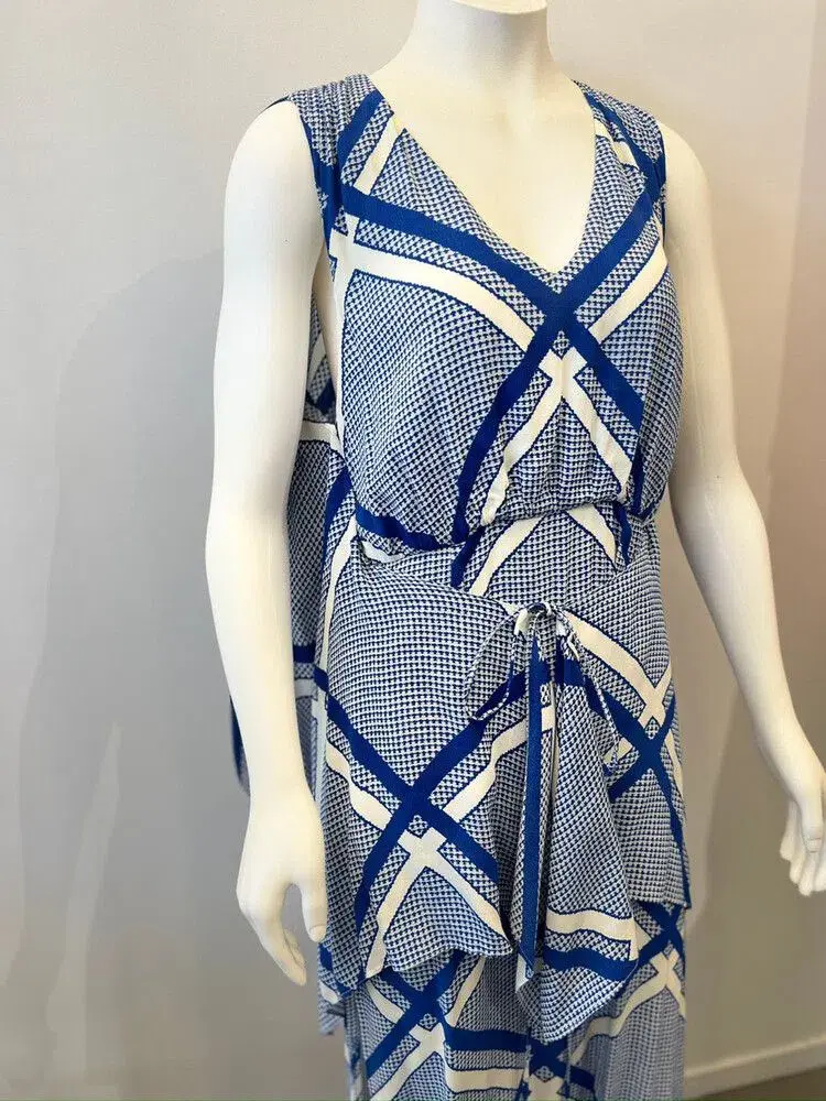 Sass & Bide The Flight Geometric Maxi Dress Blue/White Size AU 12 for rent on The Volte - main image