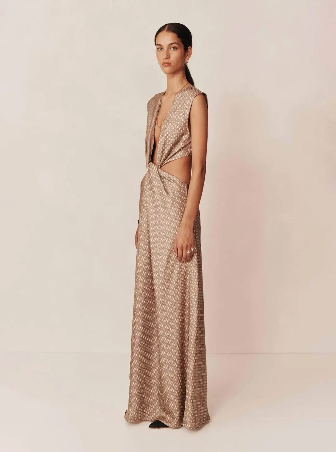 Esse Linka Twist Maxi Dress Brown Print Size 6 for rent on The Volte - main image