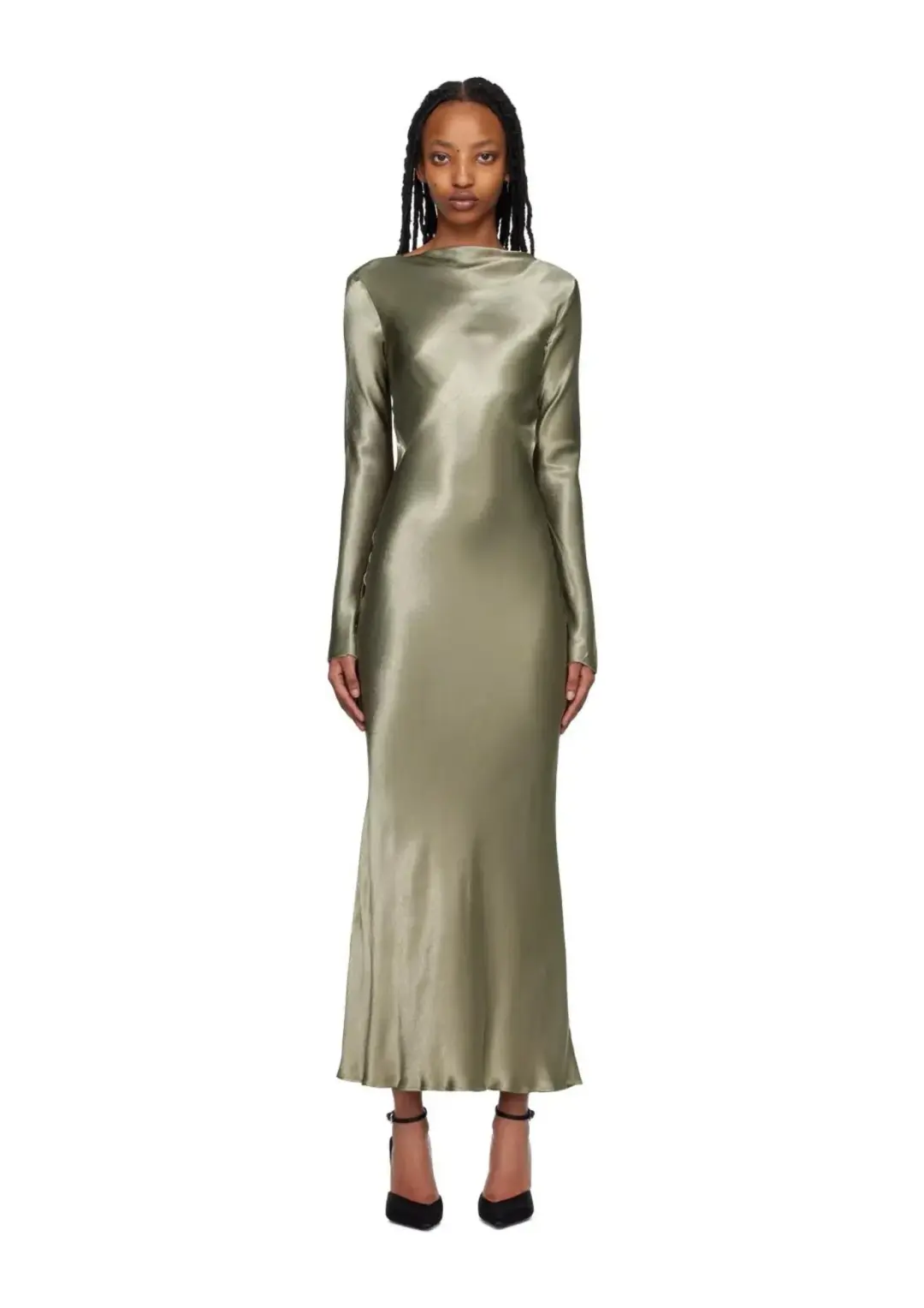 Bec & Bridge Ren Satin Long Sleeve Midi Dress Dark Olive Size AU 8 for rent on The Volte - main image