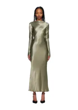 Bec & Bridge Ren Satin Long Sleeve Midi Dress Dark Olive Size AU 8 for rent on The Volte - image 1