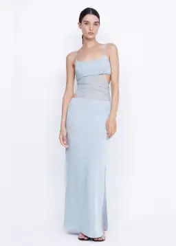 Bec and Bridge Mari Lou Asym Sheer Panel Maxi Dress in Dove Blue Size 8