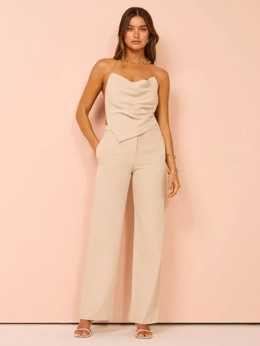 Bec & Bridge Desiree Halter Top and Straight Leg Pants Set in Sand Size 8 for rent on The Volte - main image
