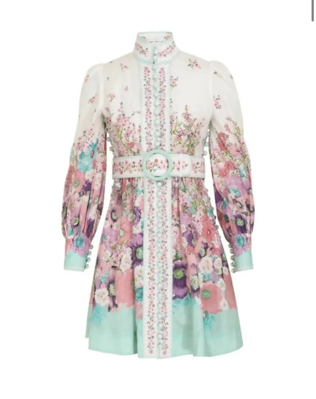 Zimmermann The Jude Buttoned Mini Dress in Aqua Gradient Flora Size 0/Au 8 for rent on The Volte - main image