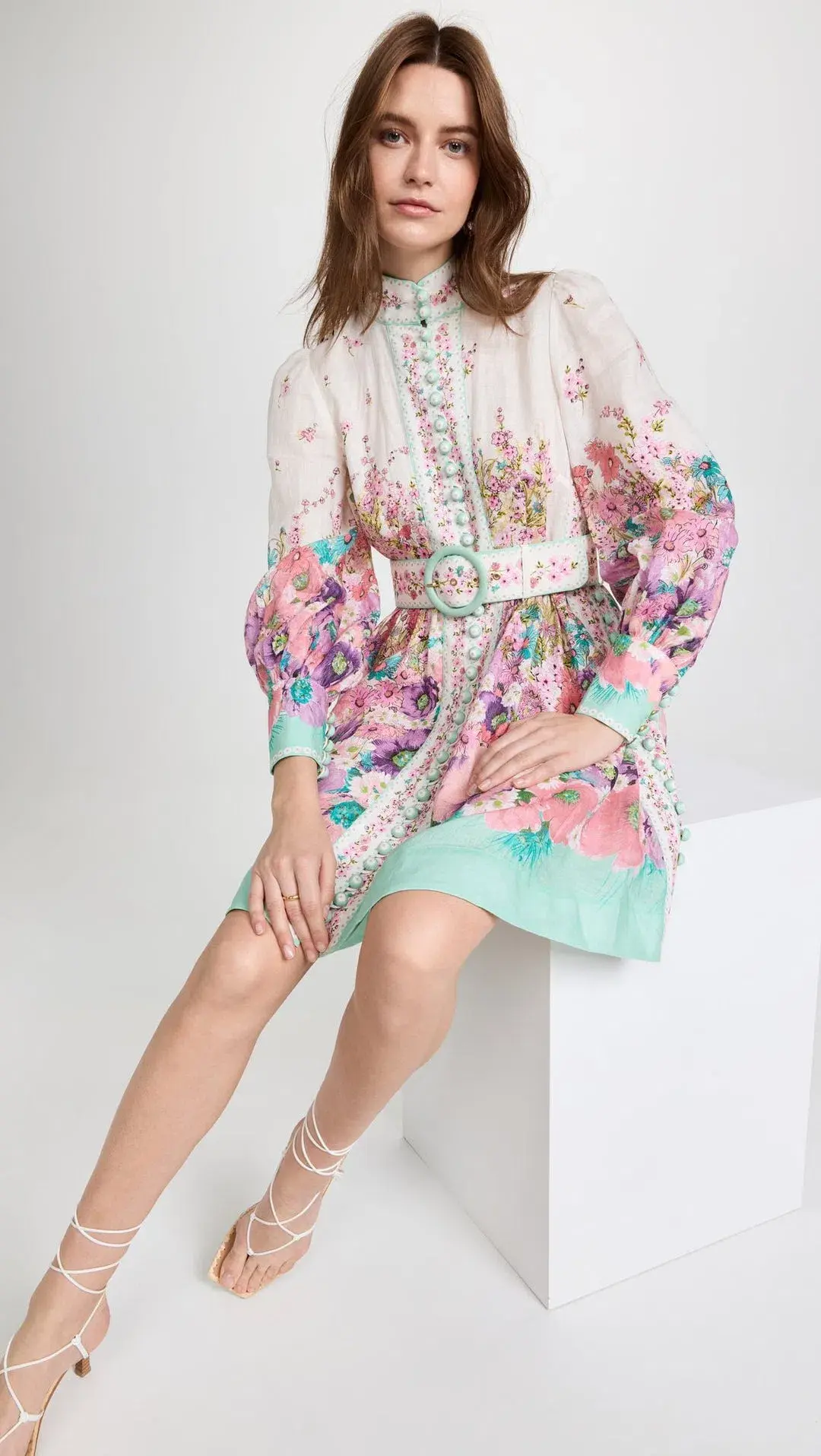 Zimmermann The Jude Buttoned Mini Dress in Aqua Gradient Flora Size 0/Au 8 for rent on The Volte - main image