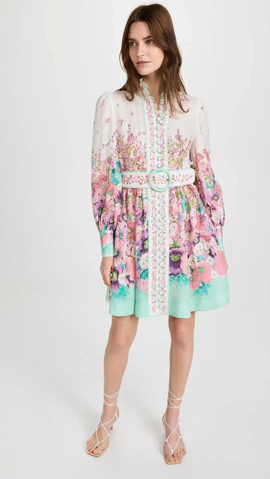 Zimmermann The Jude Buttoned Mini Dress in Aqua Gradient Flora Size 0/Au 8 for rent on The Volte - main image