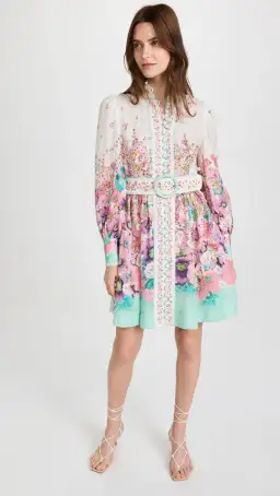 Zimmermann The Jude Buttoned Mini Dress in Aqua Gradient Flora Size 0/Au 8 for rent on The Volte - image 4
