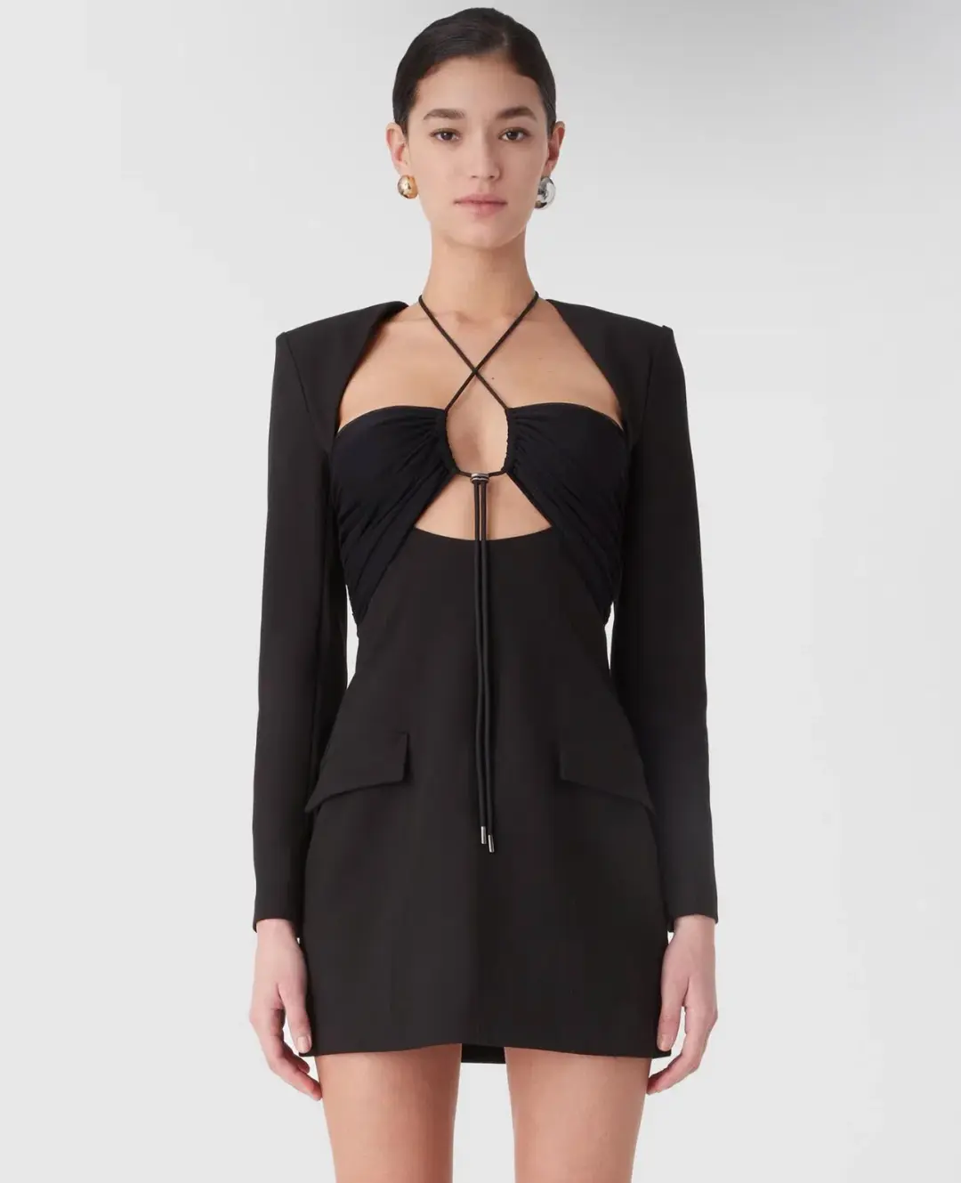 Misha Solange Mesh and Tailoring Mini Dress Black Size 10 for rent on The Volte - main image