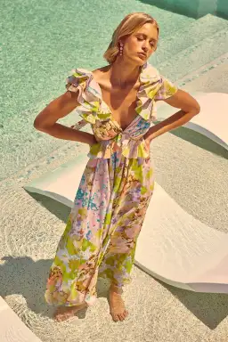 Zimmermann Pop Ruffle Sleeve Midi Dress in Patch Floral Size 0P / AU 6