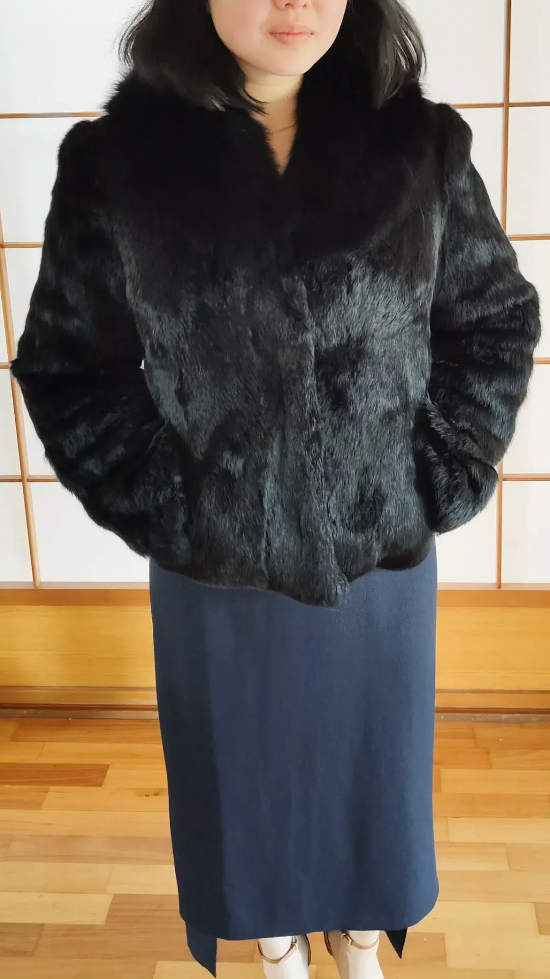 Black Genuine Rabbit Fur Jacket with Fox Collar in Small / AU 8 for rent on The Volte - main image
