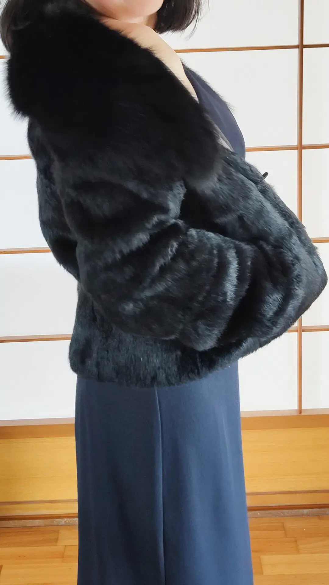 Black Genuine Rabbit Fur Jacket with Fox Collar in Small / AU 8 for rent on The Volte - main image