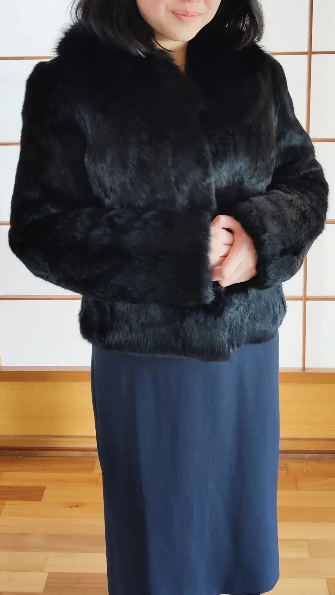 Black Genuine Rabbit Fur Jacket with Fox Collar in Small / AU 8 for rent on The Volte - main image