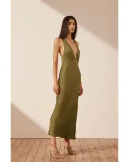 Shona Joy Arienzo Plunged Cross Back Midi Dress Green Olive Size AU 10 for rent on The Volte - image 2