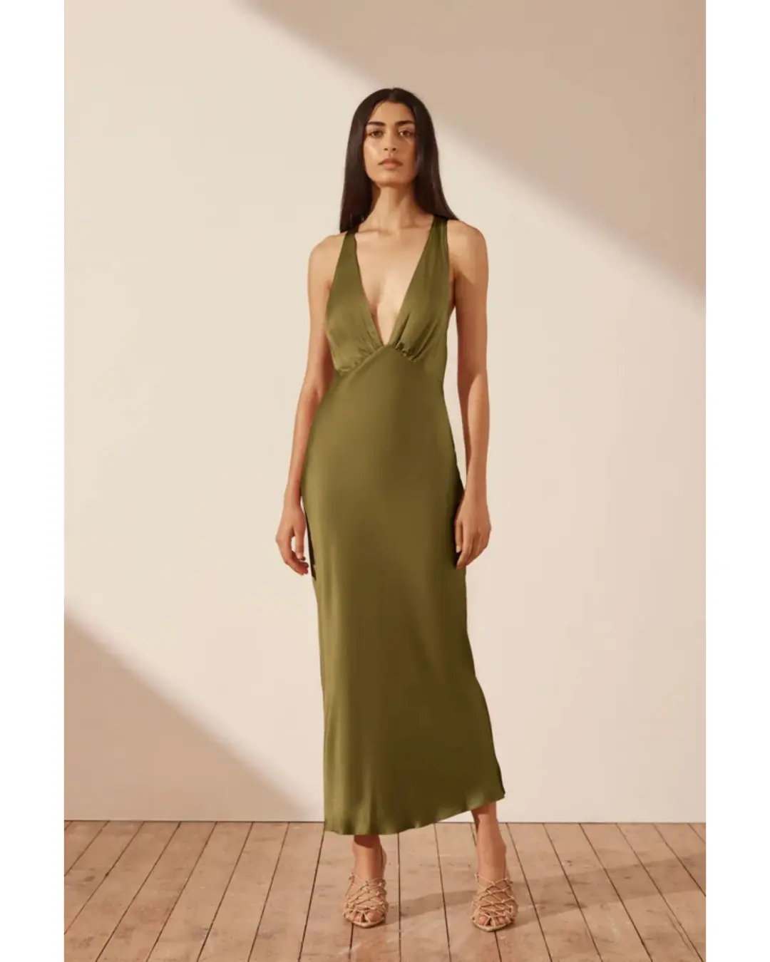 Shona Joy Arienzo Plunged Cross Back Midi Dress Green Olive Size AU 10 for rent on The Volte - main image