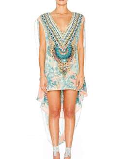 Camilla Deep V Mini Dress with Cape in Garden of Dream Blue Print Size 2